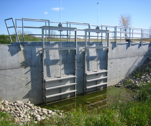 Wall Face mounted Penstocks for flow control of wastewater, clean water or flood water UK