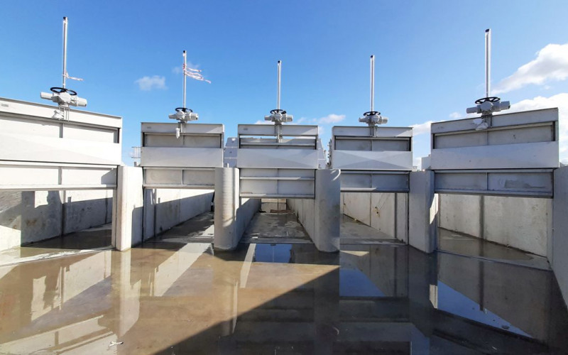 Blue sky over Hull showing 900 series penstocks as supplied by Adams Hydraulics and Ham Baker Adams in previous AMPs